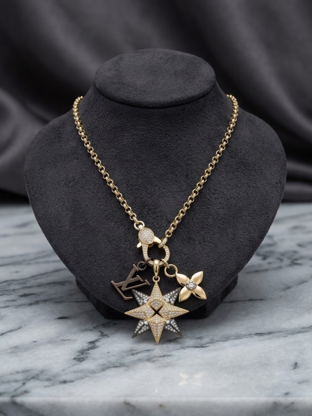 Gold Star Charm Pendant Necklace with Multi-Charm Accents